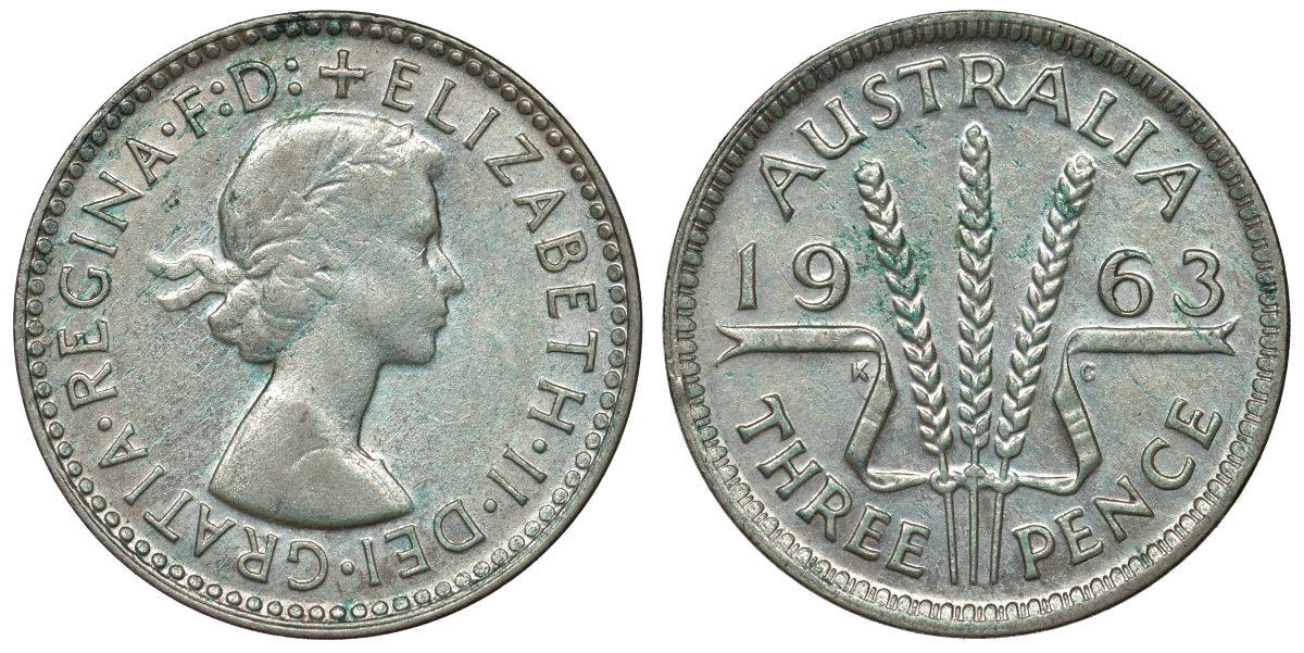 Австралия 3 пенса 1963 m, Елизавета II (1952-2022) KM 57 серебро 71-913