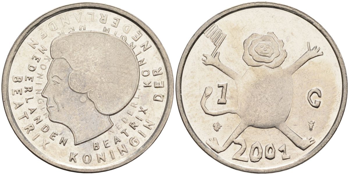 Нидерланды 1 гульден 2001 прощай гульден, детский рисунок, лев с флагом в руках KM 233 никель UNC 4116-112