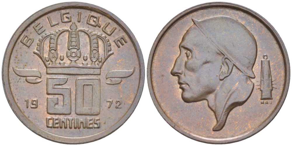 БЕЛЬГИЯ 50 САНТИМОВ 1972 BELGIQUE, БОДУЭН I (1951-1993) KM 148.1 бронза 214-459