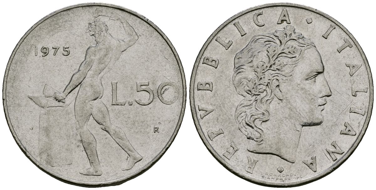 Италия 50 лир 1975 R, бог огня Вулкан у наковальни KM 95.1 нержавеющая сталь 4138-611