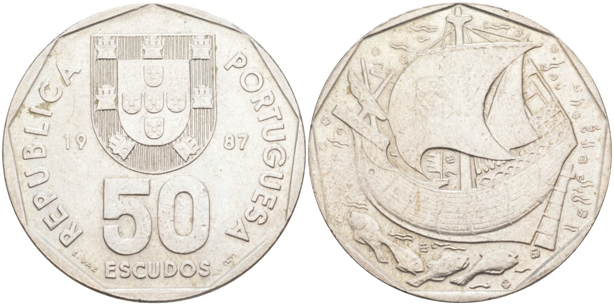 Португалия 50 эскудо 1987 парусник KM 636 медно-никель 4512-834