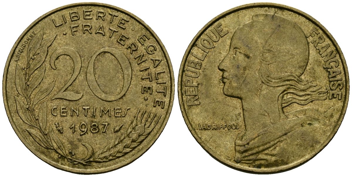 Франция 20 сантимов 1987 тип Marianne KM 930 медь алюминий никель 4135-625