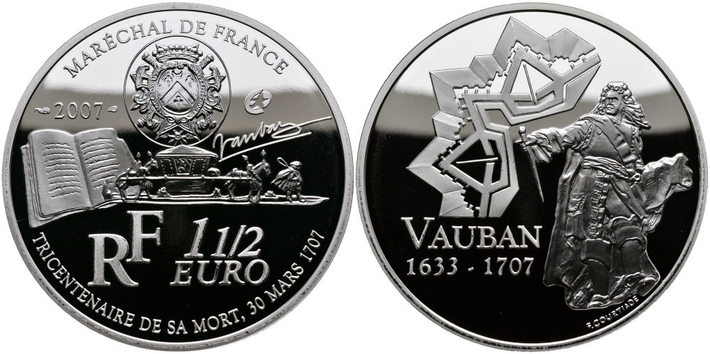 Франция 1 1/2 евро 2007 300 лет со дня смерти военного инженера Себастьена де Вобана KM 1462 серебро PROOF 1095-3-41