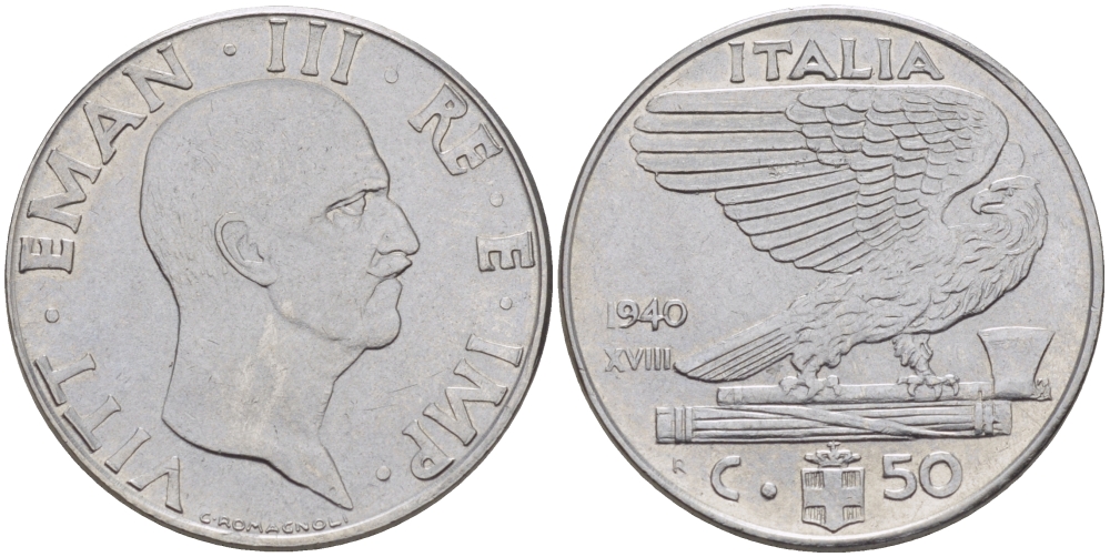 ИТАЛИЯ 50 ЧЕНТЕЗИМО 1940 ВИКТОР ИМАНУИЛ III, НЕ МАГНИТНАЯ KM 76b нержавеющая сталь 31-1046