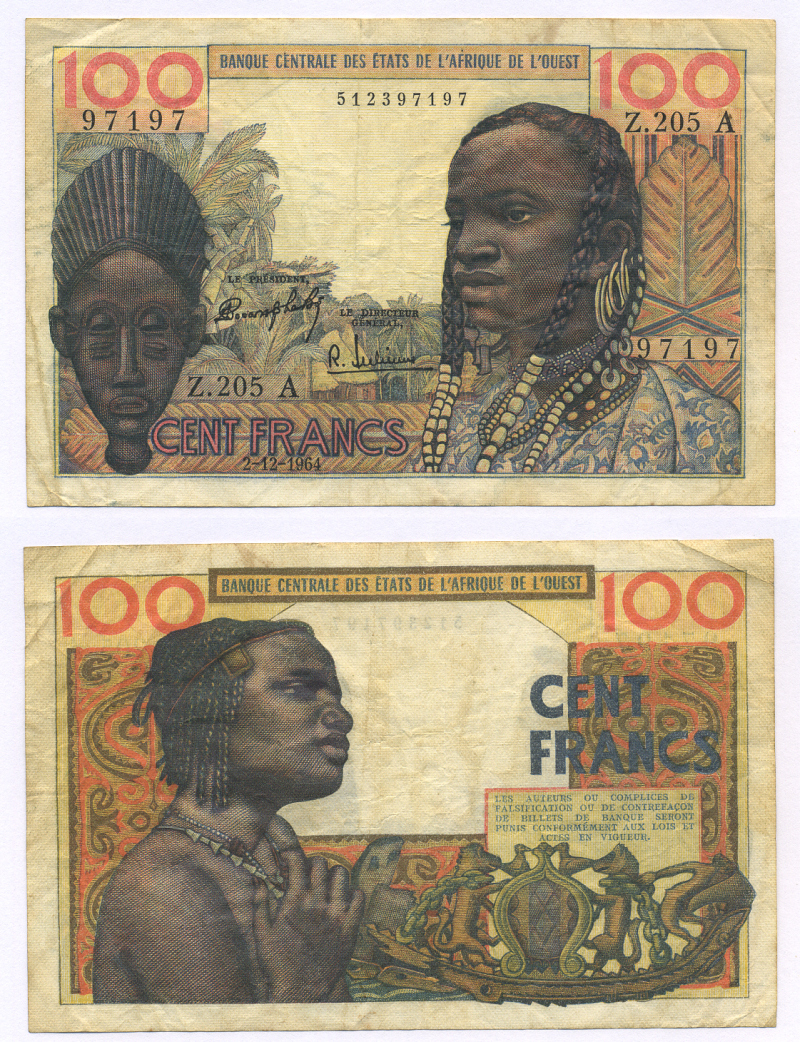 ФРАНЦУЗСКИЕ ЗАПАДНО-АФРИКАНСКИЕ ШТАТЫ 100 ФРАНКОВ 1964 БУКВА А, КОТ-д' ИВУАР, ПОДПИСЬ 3, 2 ДЕКАБРЯ 1964 Pick 101Аd бумага 6301-40-2