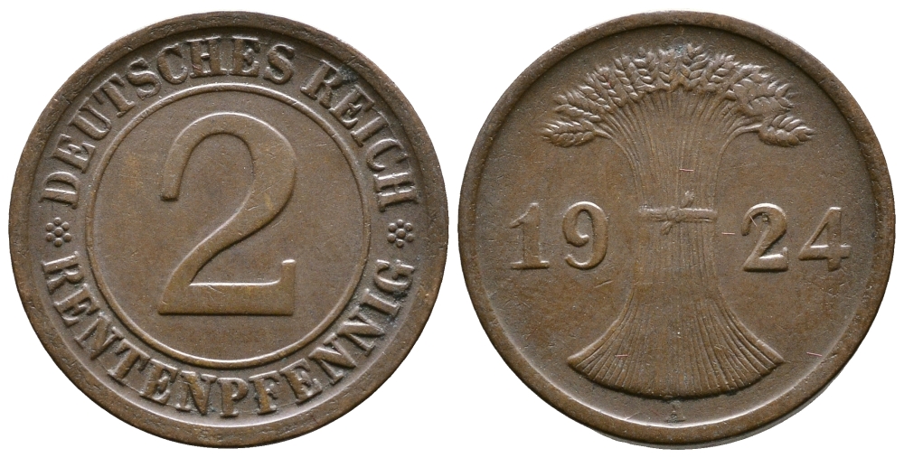 ГЕРМАНИЯ 2 РЕНТЕНПФЕННИГА 1924 A KM 31, J.307 бронза 86-1116