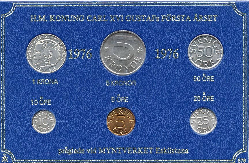 Швеция набор монетного двора из 6 монет 1976 в картоне, Карл XVI Густав (1973- ) KM MS4 UNC 7-5-7-223