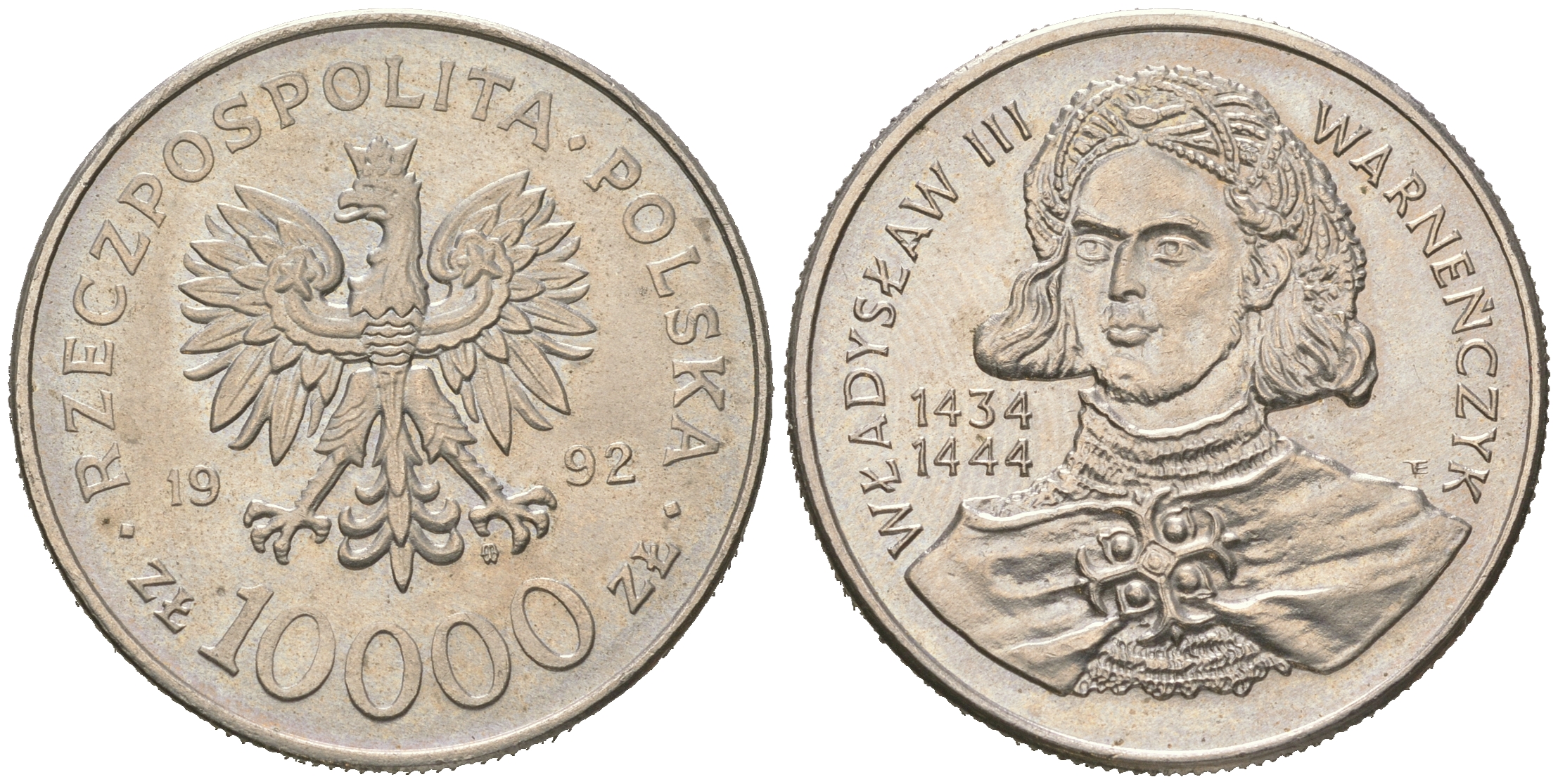 Польша 10000 злотых 1992 MW, серия польские короли, Владислав III Тонконогий (1434-1444) KM 246 медно-никель BUNC 4512-1025