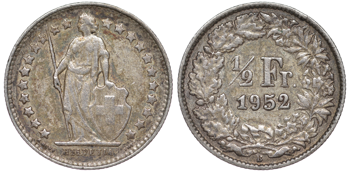Швейцария 1/2 франка 1952 KM 23 серебро 4178-312