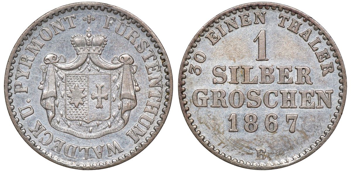 Вальдек 1 грош 1867 B, Георг Виктор (1845-1893) KM 173 серебро  UNC  1531-1321