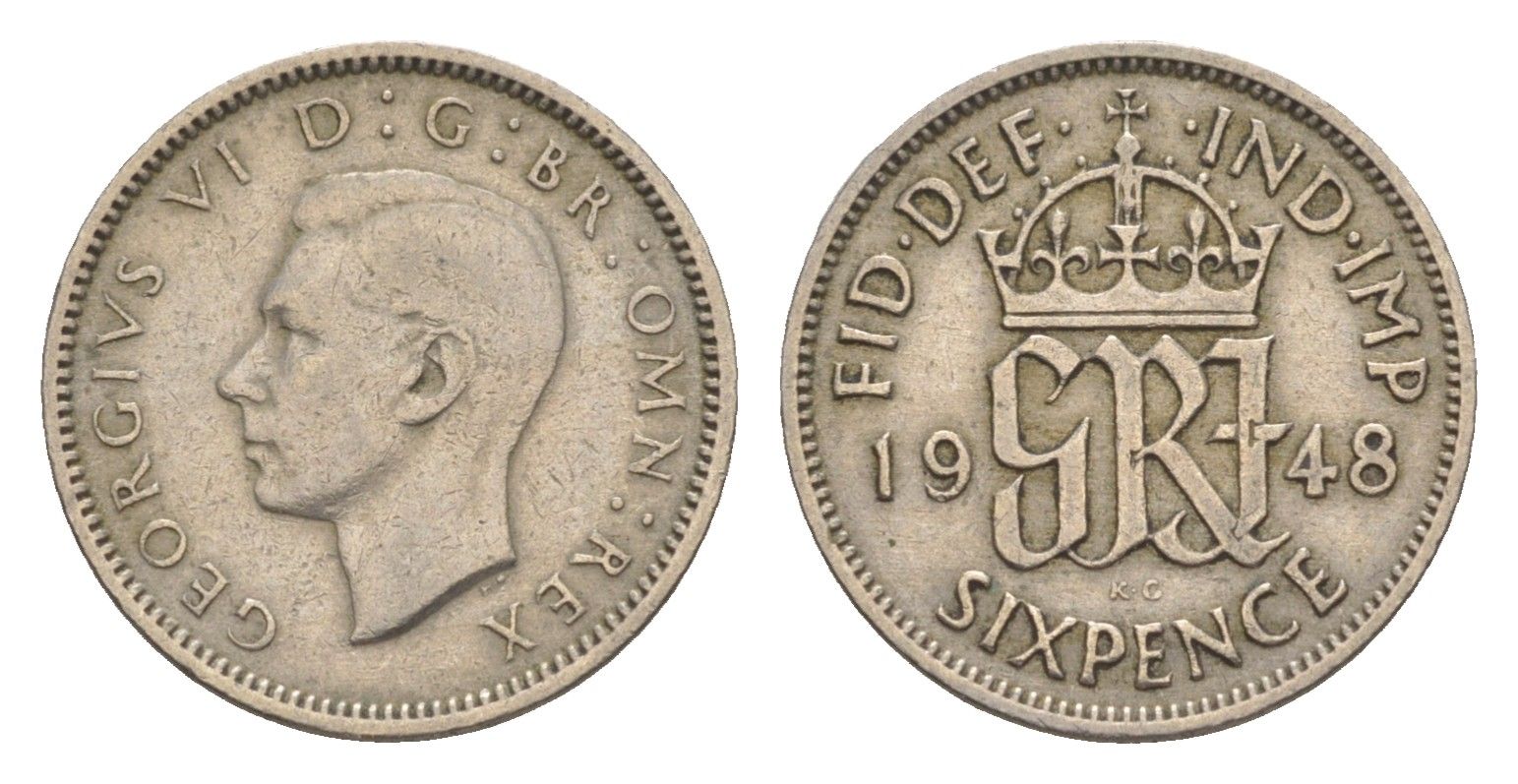 Великобритания 6 пенсов 1948 Георг VI (1936-1952) KM 862, Spink 4105 медно-никель 4615-266