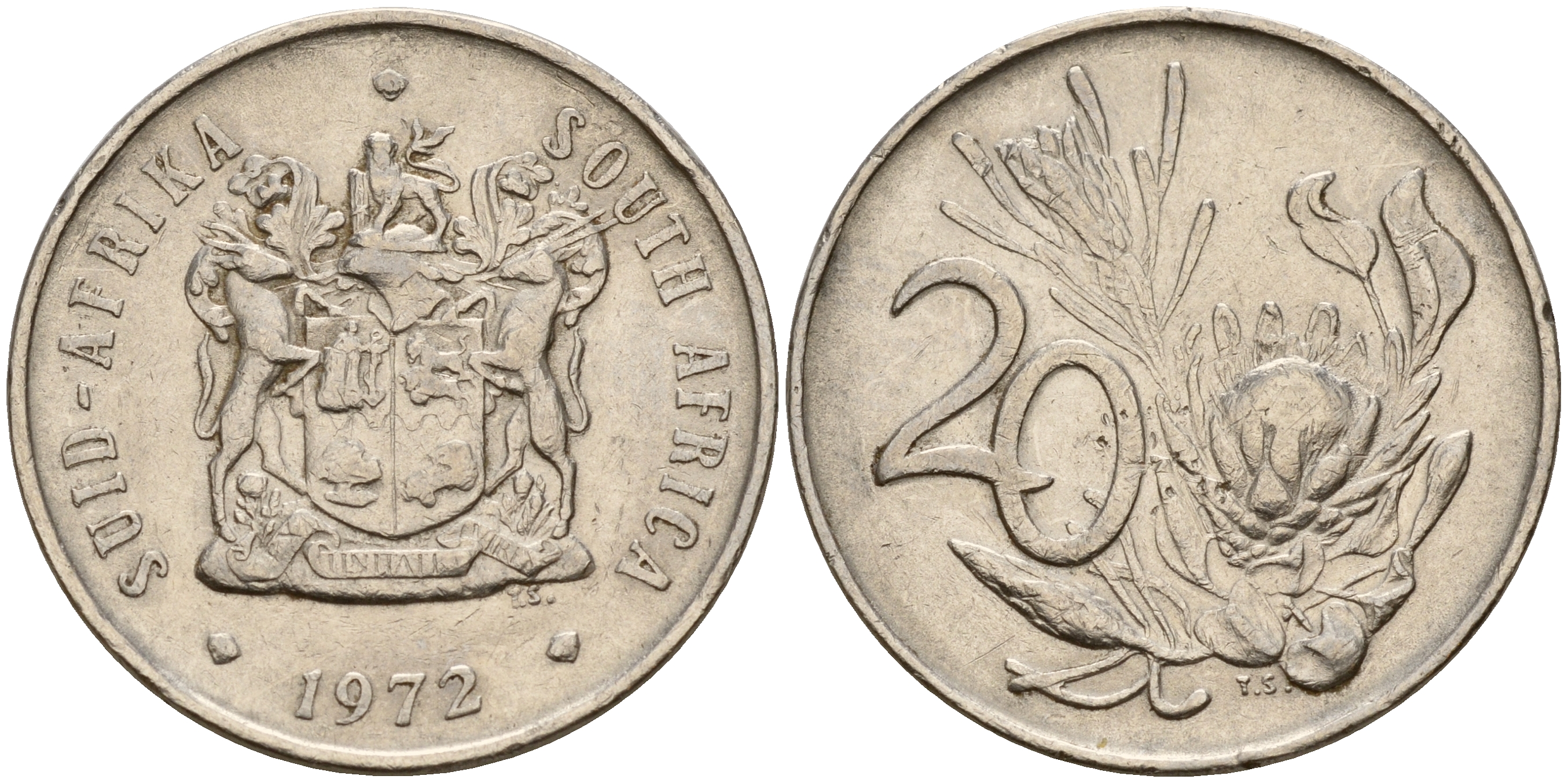 ЮАР 20 центов 1972 герб, цветок протея KM 86  никель    4601-855