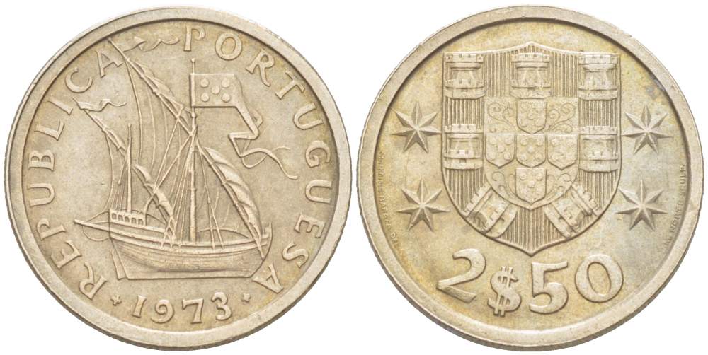 ПОРТУГАЛИЯ 2,5 ЭСКУДО 1973 ПАРУСНИК KM 590 медно-никель 4523-1053