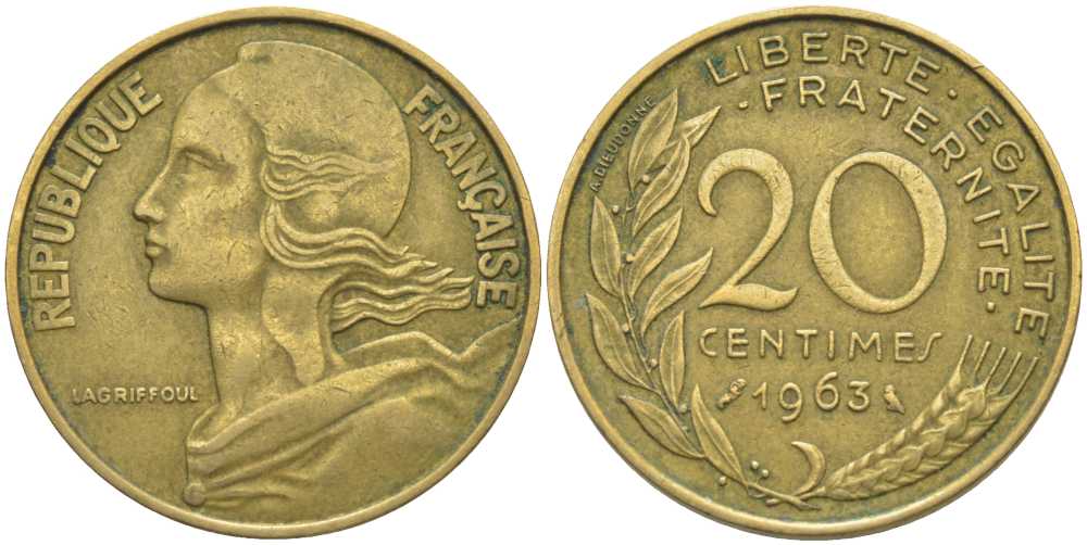 ФРАНЦИЯ 20 САНТИМОВ 1963 ТИП MARIANNE KM 930, LE FRANC 156.3 медь алюминий никель 175-756