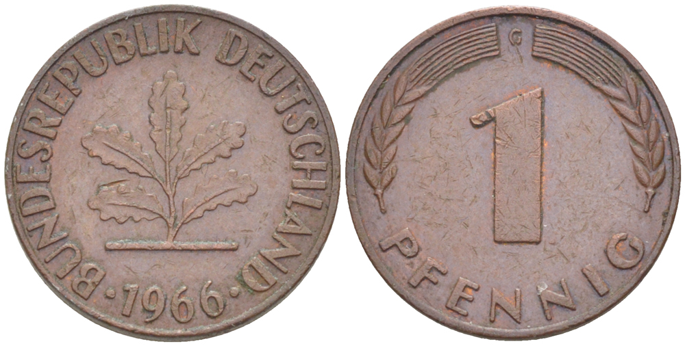 ФРГ 1 ПФЕННИГ 1966 G KM 105, J. 380 сталь плакированная медью 4181-539