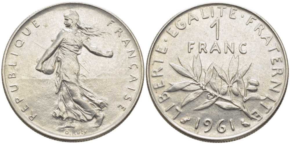 ФРАНЦИЯ 1 ФРАНК 1961 СЕЯТЕЛЬ KM 925.1, LE FRANC 226.6 никель 175-521