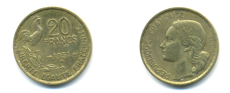 ФРАНЦИЯ 20 ФРАНКОВ 1951 B, ПЕТУХ, 4 ПЕРА KM 917.2, LE FRANC 402.8 алюминиевая бронза 83-331