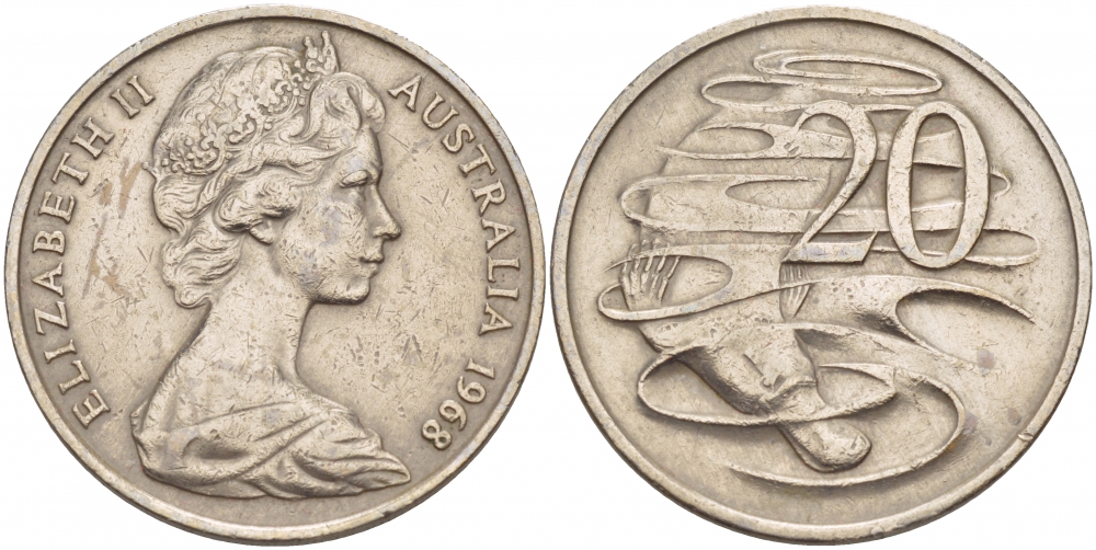 Австралия 20 центов 1968 Елизавета II (1952-2022), утконос KM 66 медно-никель 4545-244