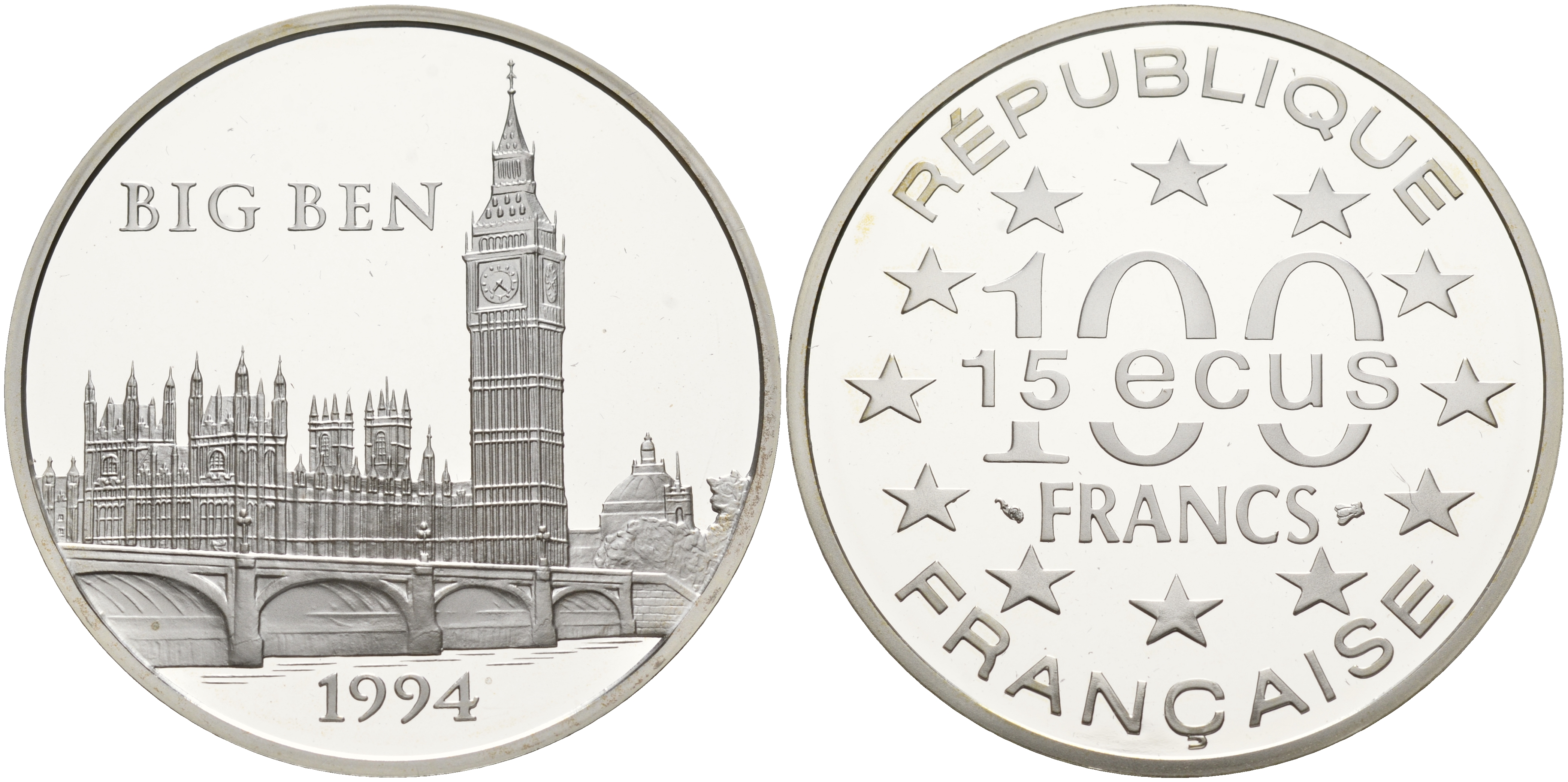 Франция 100 франков - 15 экю 1994 серия архитектурные монументы Европы (Биг Бэн в Лондоне), в коробке с сертификатом KM 1070 серебро  PROOF  5-6-1-38