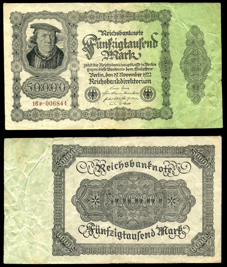 Германия 50000 марок 1922 19 ноября 1922, номер шестизначный Pick 79, Розенберг 79d бумага 8618-46-1-2