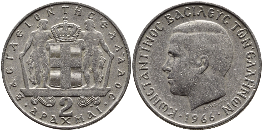 Греция 2 драхмы 1966 Константин II (1966-1973) KM 90 медно-никель 4390-244