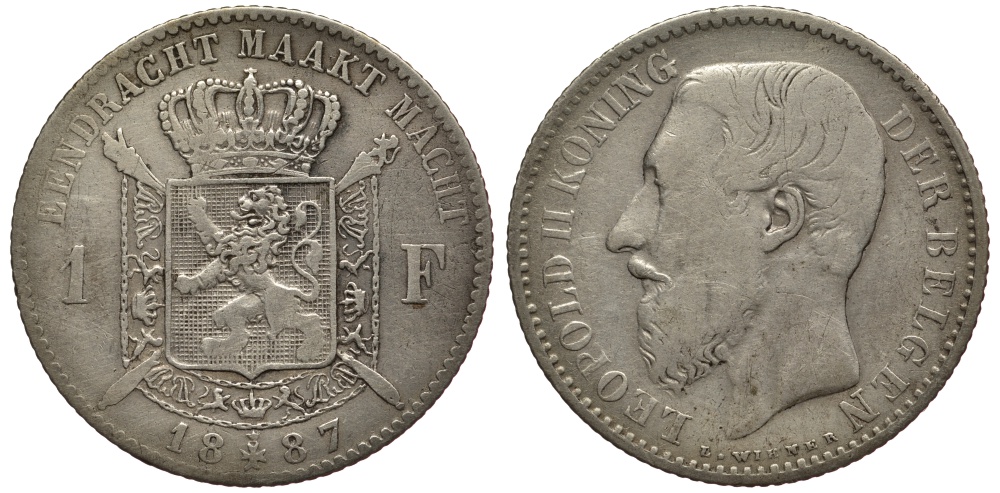 БЕЛЬГИЯ 1 ФРАНК 1887 ЛЕОПОЛЬД II (1865-1909), BELGEN, РАЗНОВИДНОСТЬ С ТОЧКОЙ В ПОДПИСИ KM 29.1 серебро 3896-932