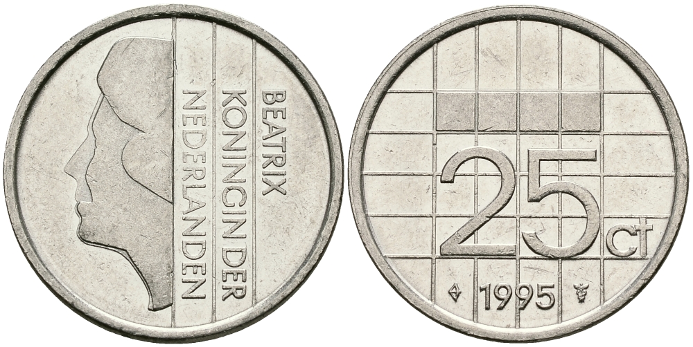 НИДЕРЛАНДЫ 25 ЦЕНТОВ 1995 БЕАТРИКС KM 204 никель 96-329