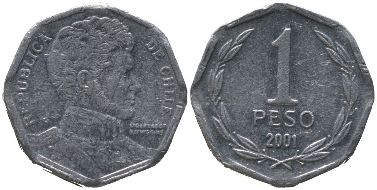 Чили 1 песо 2001 So KM 231, Schon 79 алюминий 4387-628