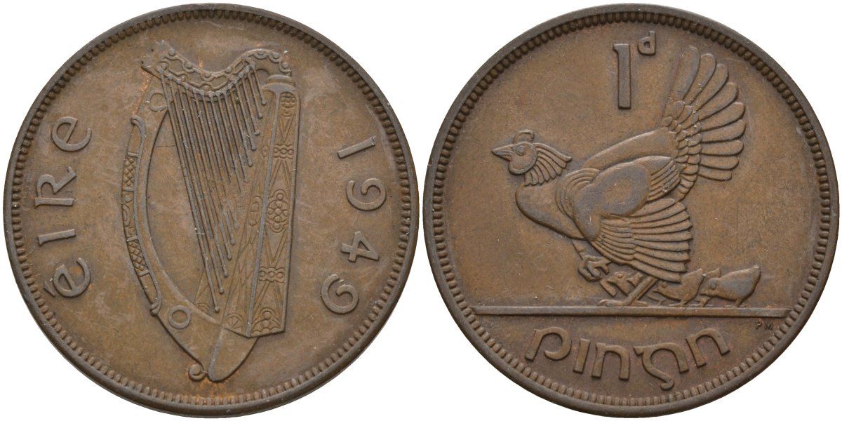 Ирландия 1 пенни 1949 курица с цыплятами KM 11 бронза 4144-1144