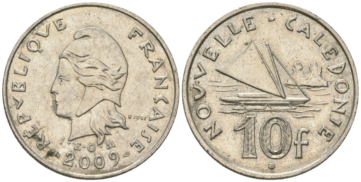 Французская Новая Каледония 10 франков 2009 рыбачья парусная лодка, (IEOM) KM 11a, Schoen 13a, Lec 99k медно-никель 60-1246
