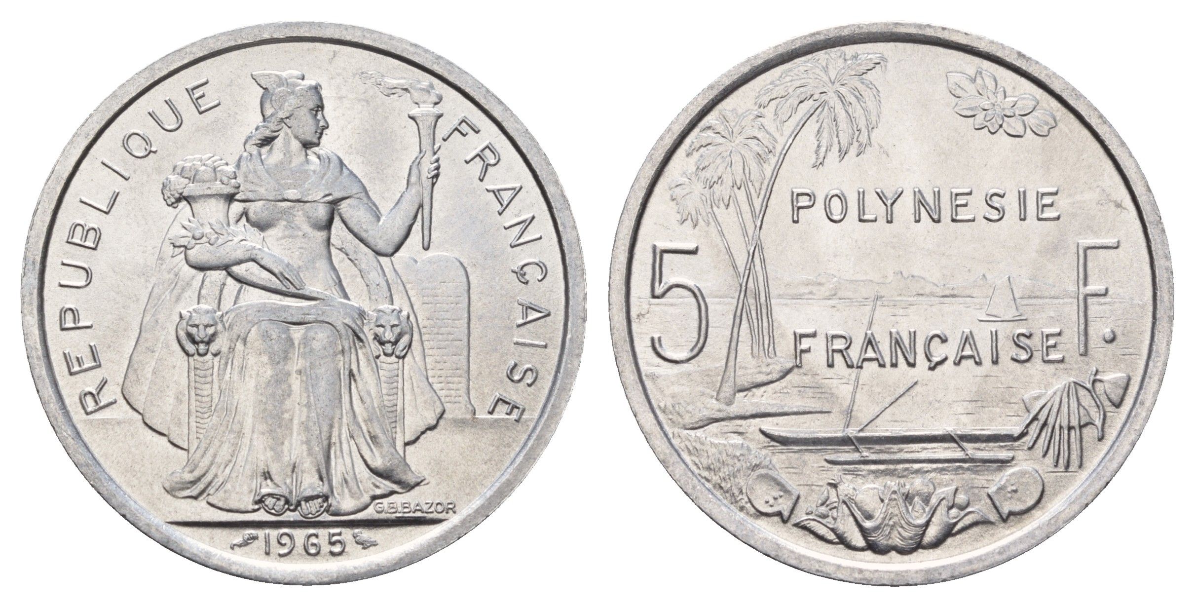 Французская Полинезия 5 франков 1965 год-тип KM 4 алюминий UNC 109-635