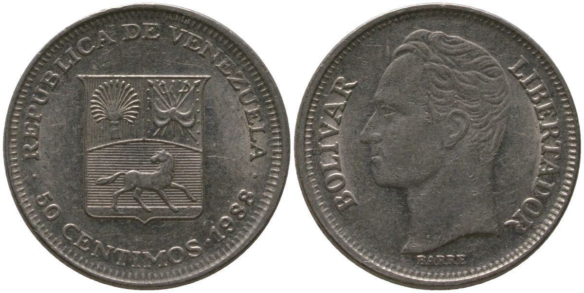 Венесуэла 50 сентимо 1988 Симон Боливар KM 41a сталь плакированная никелем 4525-855