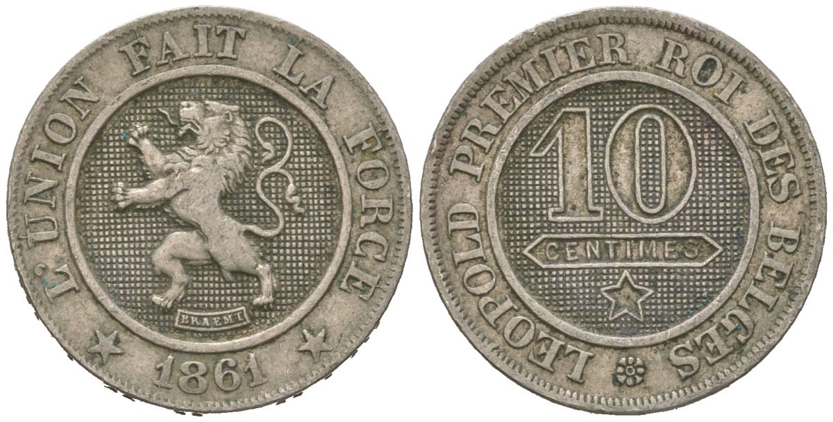 Бельгия 10 сантимов 1861 Леопольд I (1831-1865) KM 22 медно-никель 4615-665
