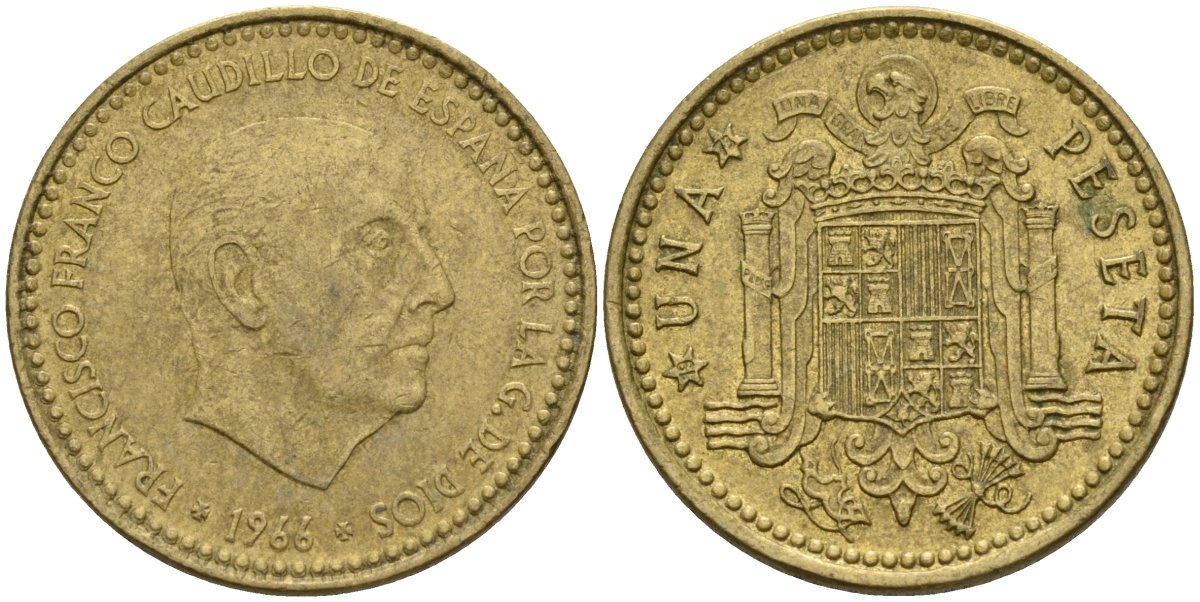 Испания 1 песета 1966 (73) Франсиско Франко (1939 - 1975) KM 796 алюминиевая бронза 4155-414