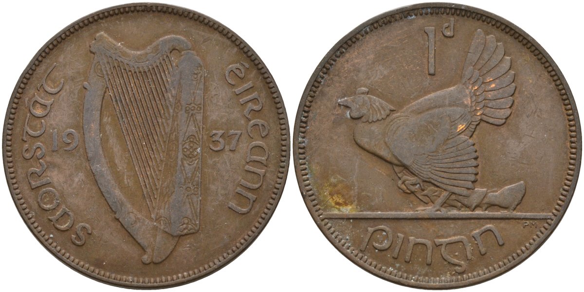 Ирландия 1 пенни 1937 курица с цыплятами KM 3 бронза 4144-1134