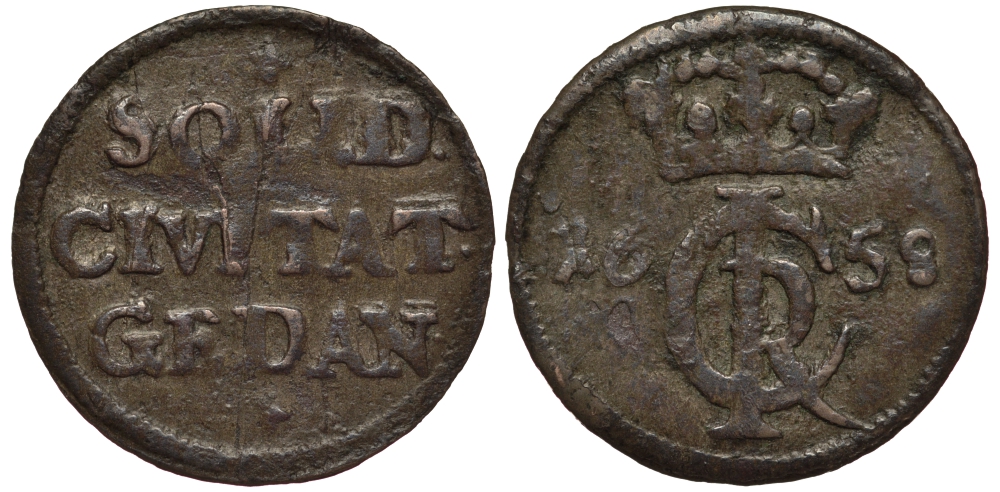 Польша, Данциг 1 шиллинг (шеляг) 1658 Ян Казимир Ваза (1648-1669), вес 0,62 гр. KM 58 серебро 1516-1212