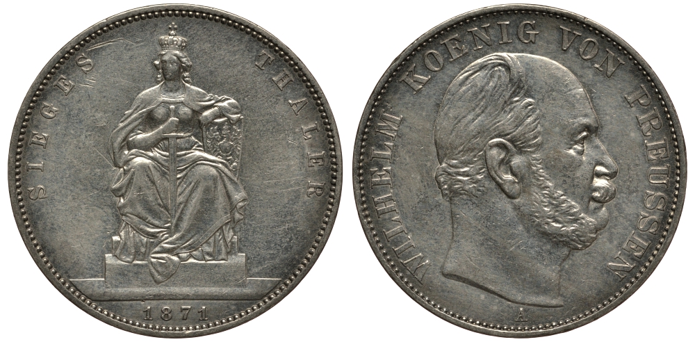 Пруссия 1 талер 1871 A, Вильгельм I (1861-1888), победа над Францией КМ 500, AKS 118, Th. 272 серебро 3711-243