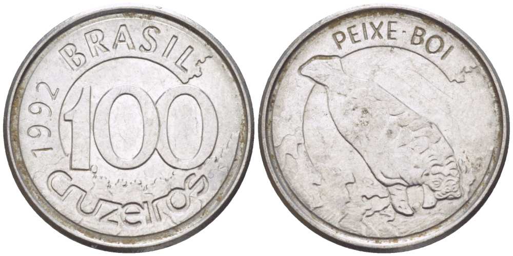 БРАЗИЛИЯ 100 КРУЗЕЙРО 1992 РЕФОРМА 1990-1993, ЛАМАНТИН KM 623 нержавеющая сталь 4387-915