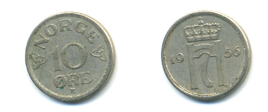 НОРВЕГИЯ 10 ЭРЕ 1956 ХОКОН VII KM 396 медно-никель 89-324
