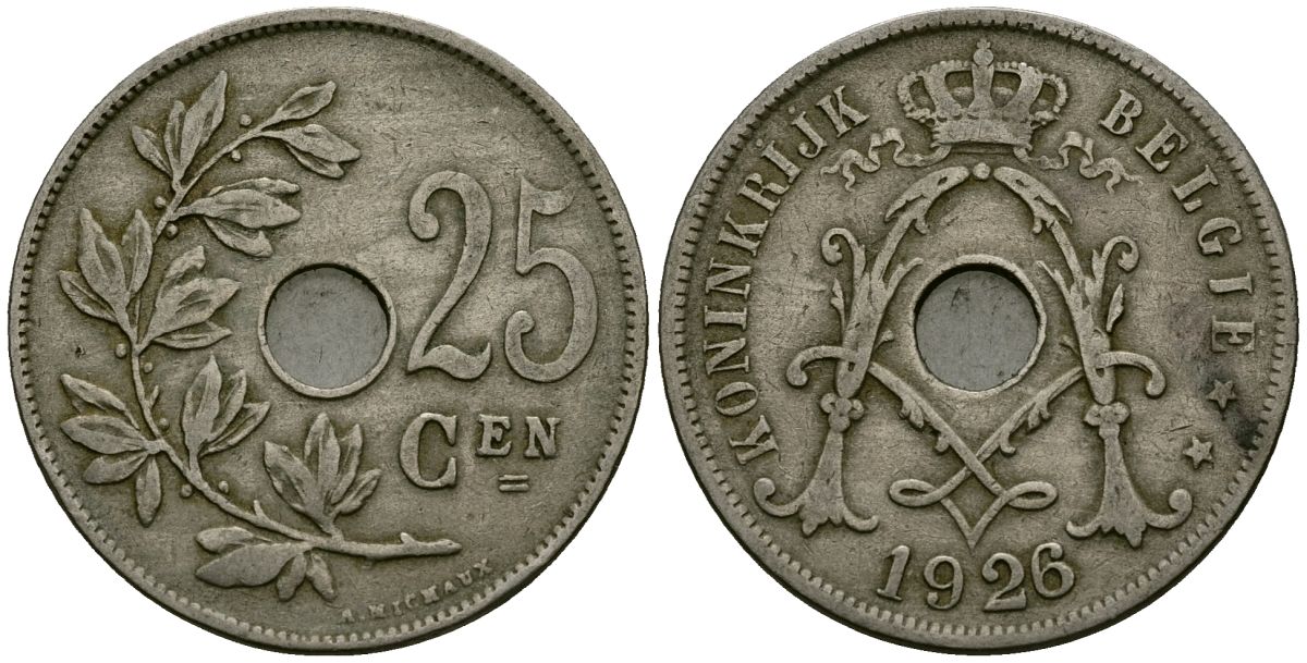 Бельгия 25 сантимов 1926 Belgie KM 69 медно-никель 4165-913