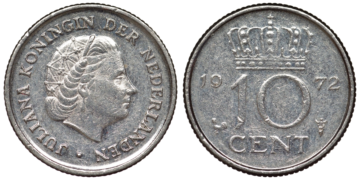 Нидерланды 10 центов 1972 Юлиана (1948-1980) KM 182 никель 71-243
