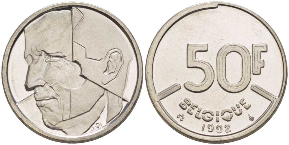 БЕЛЬГИЯ 50 ФРАНКОВ 1992 BELGIQUE, БОДУЭН I (1951-1993) KM 168 никель 210-951