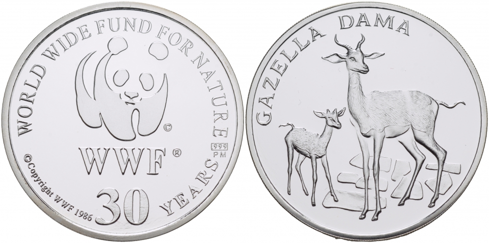 ЕВРОПА МЕДАЛЬ 1986 30 ЛЕТ WWF, ГАЗЕЛЬ, GAZELLA DAMA серебро PROOF 00-00