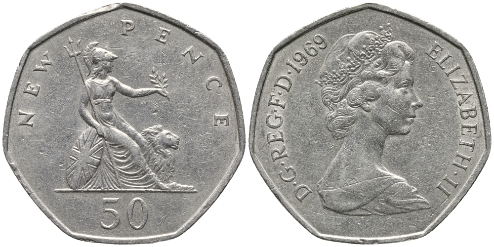 Великобритания 50 пенсов 1969 Елизавета II (1952-2022) KM 913, Spink 4223 (H1) медно-никель 32-721