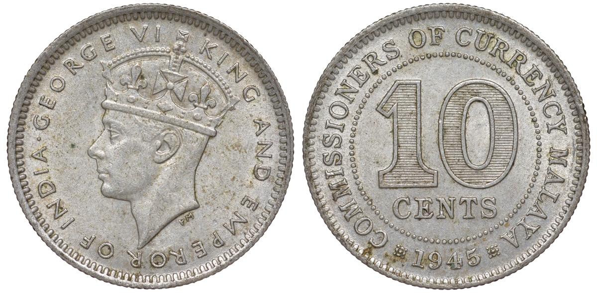 Британская Малайя 10 центов 1945 Георг VI (1937-1952) KM 4a серебро 53-265