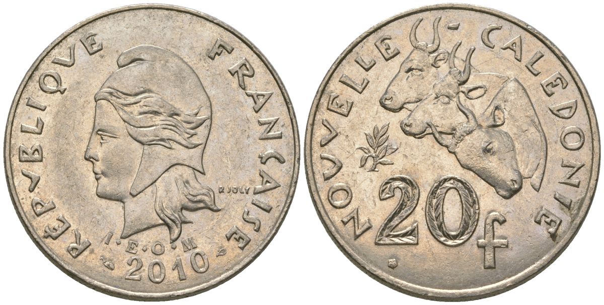 Французская Новая Каледония 20 франков 2010 три быка, (IEOM) KM 12a, Schoen 14a, Lec 115j медно-никель 84-722