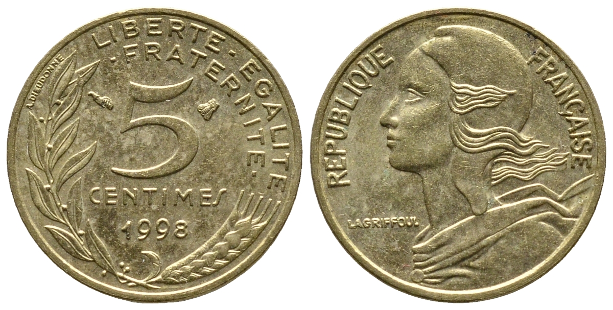 ФРАНЦИЯ 5 САНТИМОВ 1998 ТИП MARIANNE KM 933 медь алюминий никель 93-1325