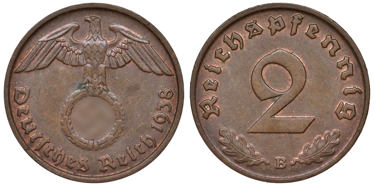 Германия 2 рейхспфеннига 1938 B KM 38, J. 362 алюминиевая бронза 4121-626