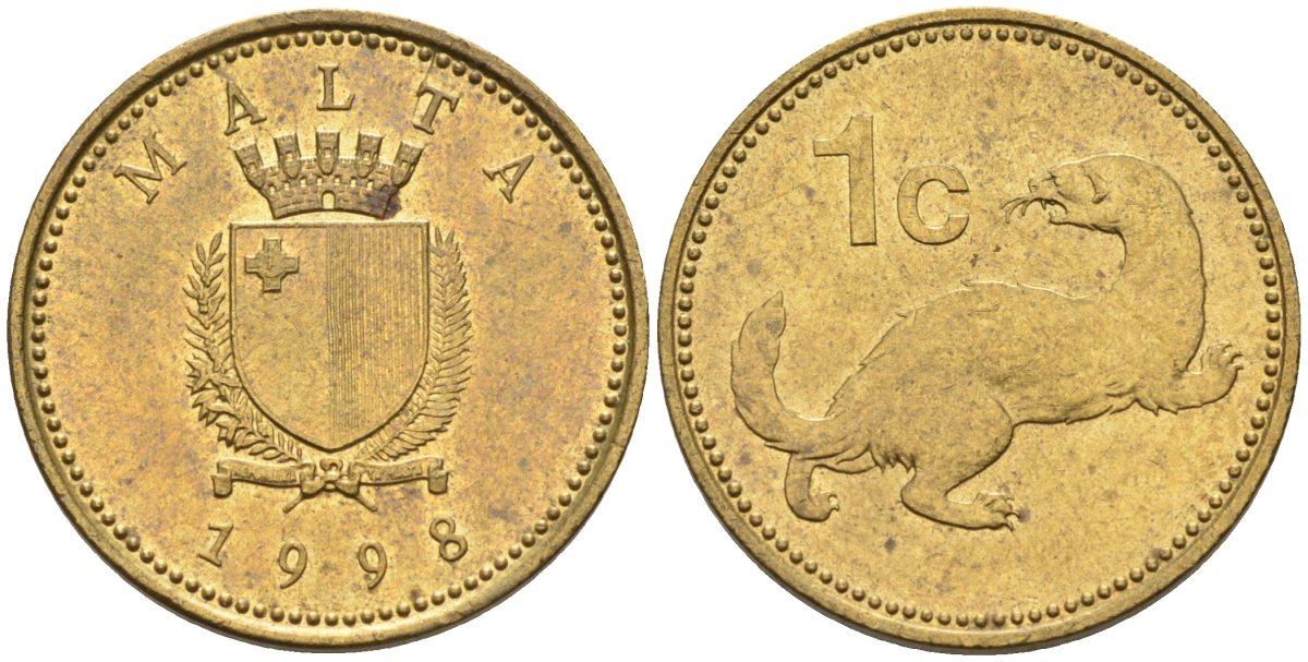 Мальта 1 цент 1998 ласка, горностай KM 93 никель латунь 4585-1245