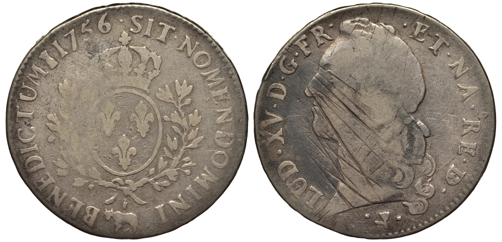 Франция 1 экю 1756 COW, Людовик XV KM 518, Dav. A 1331 серебро 413-3225
